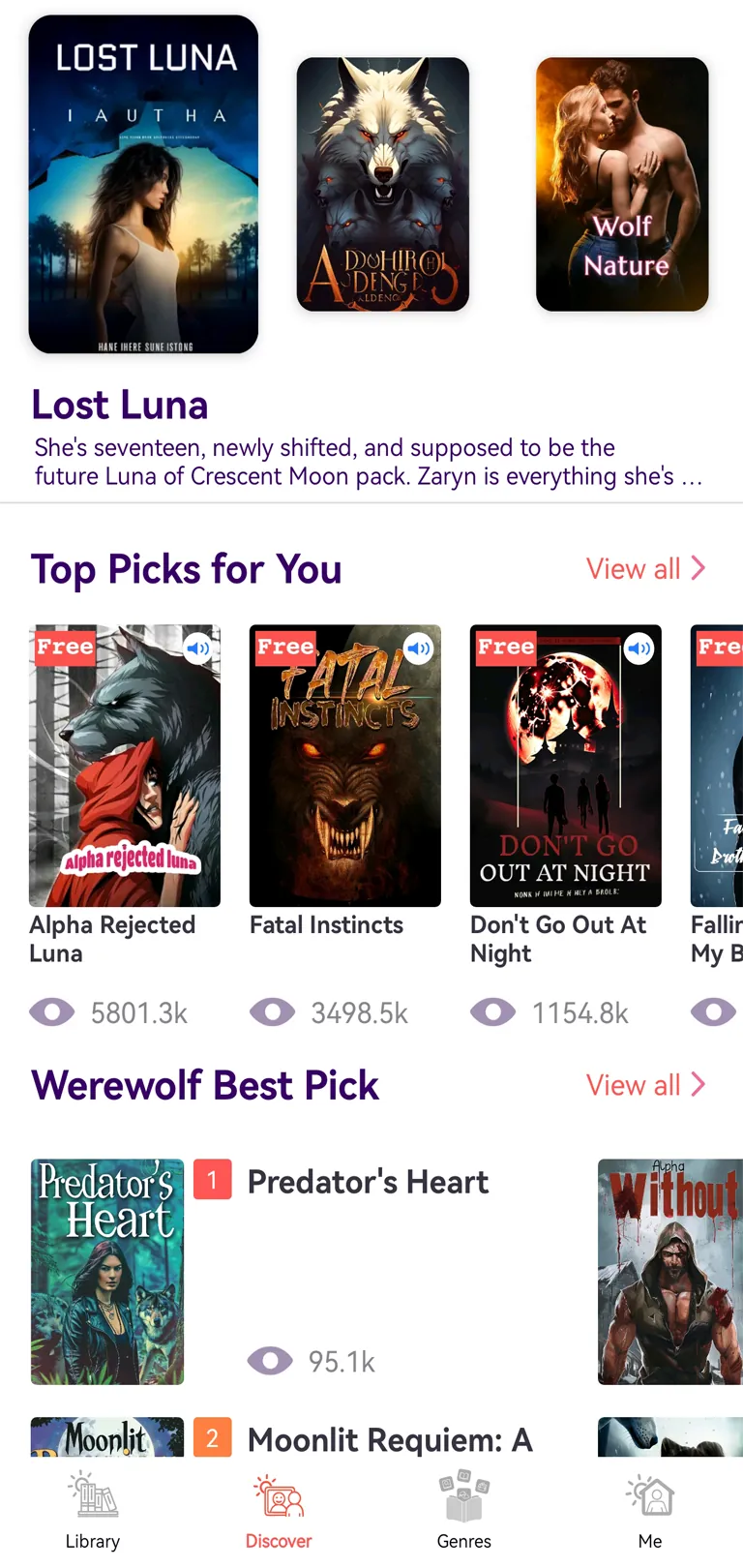 Romance Novel Library app interface showing romance stories